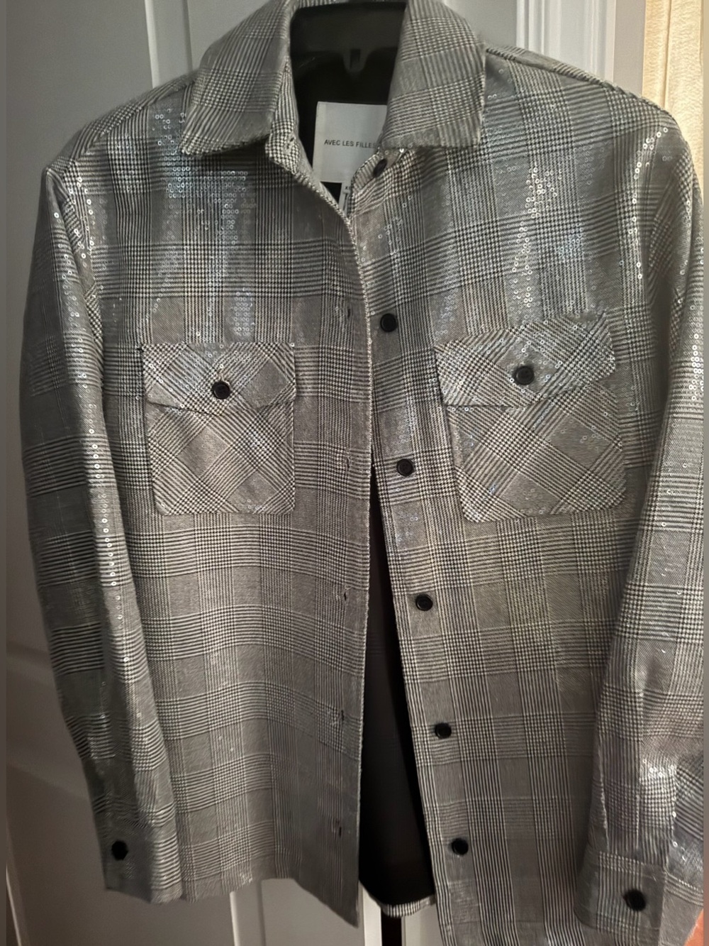 Avec Les Filles Silver Plaid Button-Up Shirt Jacket